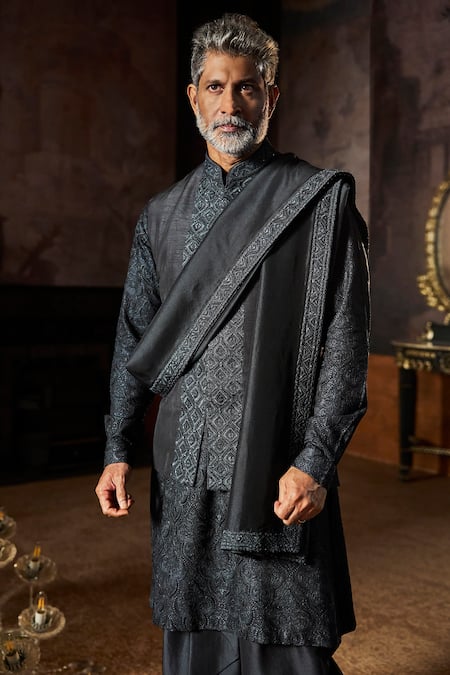 Seema Gujral Charcoal Grey Embroidered Bundi Kurta Set 