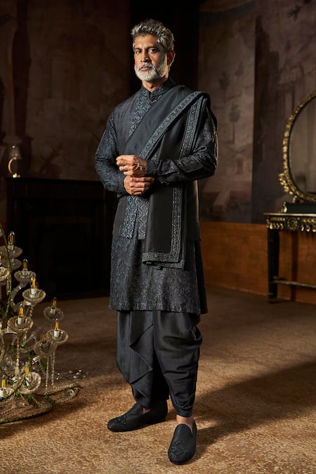 Seema Gujral Charcoal Grey Embroidered Bundi Kurta Set 
