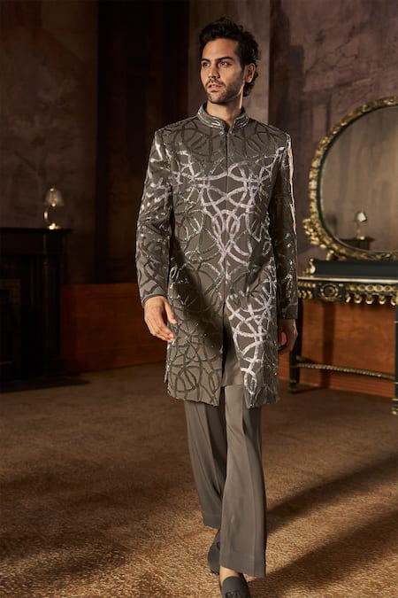 Seema Gujral Grey Metallic Embroidered Sherwani Set 