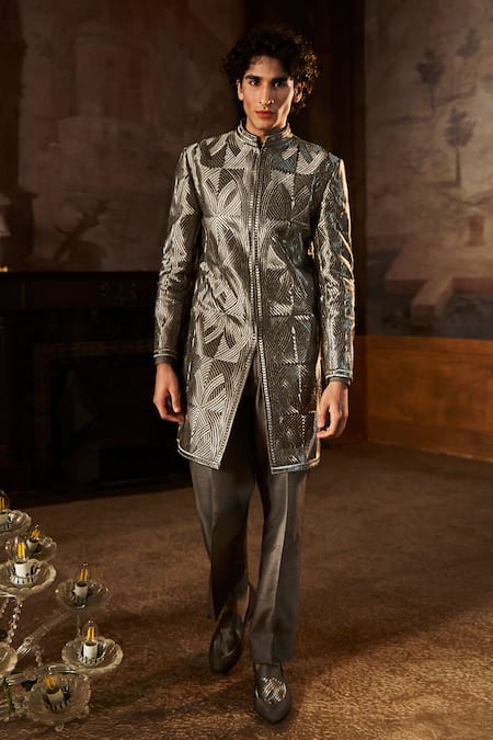 Seema Gujral Charcoal Metallic Sherwani Set 