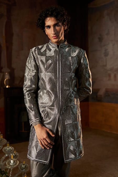 Seema Gujral Charcoal Metallic Sherwani Set 