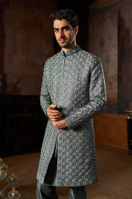 Seema Gujral Charcoal Metallic Embroidered Sherwani Set 