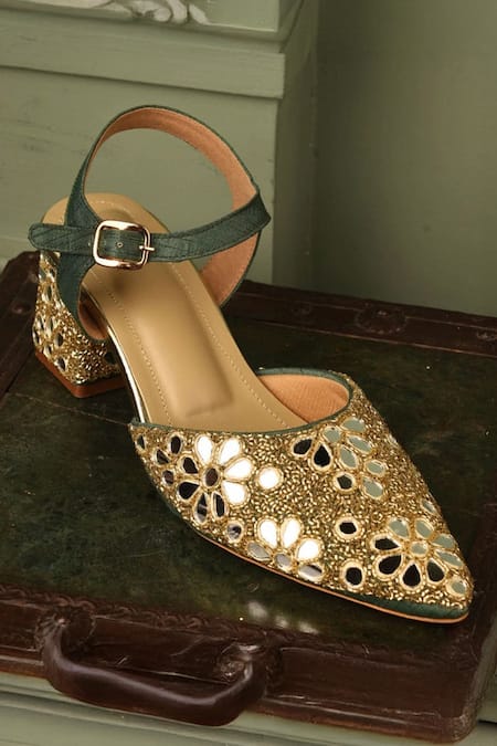 Tiesta_Green Mirrors, Embroidery Block Heels _Online_at_Aza_Fashions