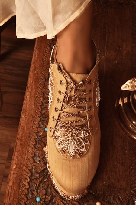 Tiesta_Gold Embroidered Raw Silk Sneaker Wedges _Online_at_Aza_Fashions