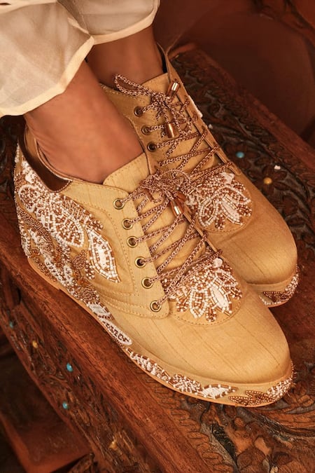 Tiesta Gold Embroidered Raw Silk Sneaker Wedges 