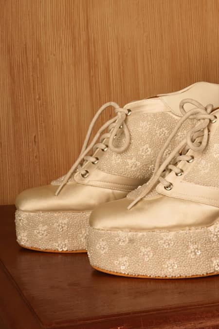 Tiesta_White Embellished Satin Sneaker Wedges _Online_at_Aza_Fashions
