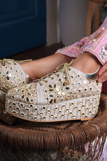Tiesta_Beige Mirror Embroidered Raw Silk Sneaker Wedges _Online_at_Aza_Fashions