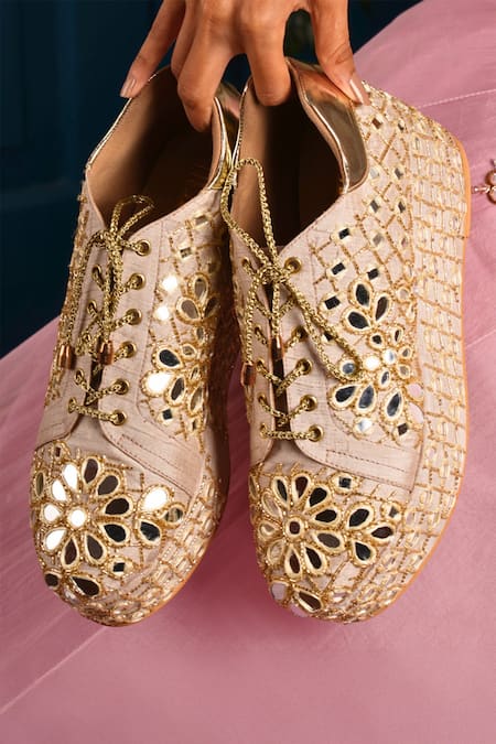 Tiesta Mirror Embroidered Raw Silk Sneaker Wedges 