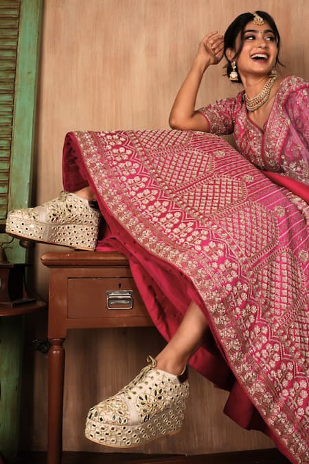 Buy_Tiesta_Beige Mirror Embroidered Raw Silk Sneaker Wedges _Online_at_Aza_Fashions