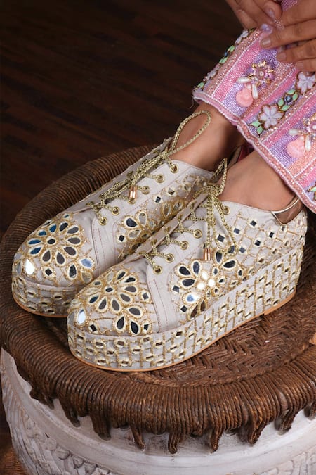 Tiesta Beige Mirror Embroidered Raw Silk Sneaker Wedges 