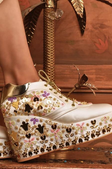 Tiesta_White Sequins, Embroidery, Beads Sneaker Wedges _Online_at_Aza_Fashions