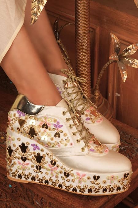 Buy_Tiesta_White Sequins, Embroidery, Beads Sneaker Wedges _Online_at_Aza_Fashions