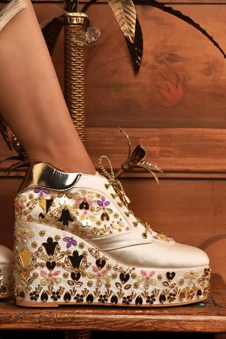 Shop_Tiesta_White Sequins, Embroidery, Beads Sneaker Wedges _Online_at_Aza_Fashions
