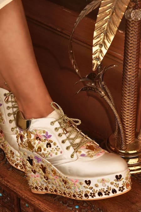 Tiesta_White Sequins, Embroidery, Beads Sneaker Wedges _at_Aza_Fashions