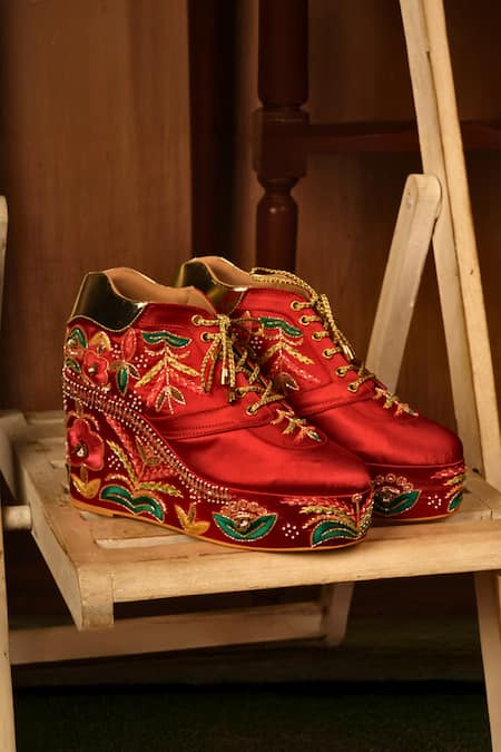 Tiesta Embroidered Satin Sneaker Wedges 