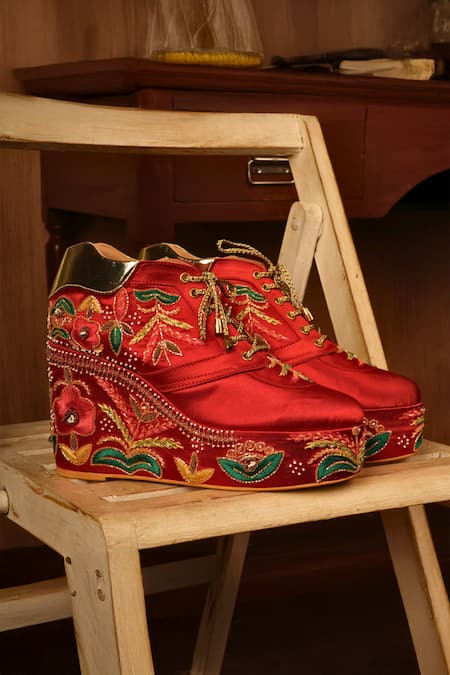 Tiesta_Red Embroidered Satin Sneaker Wedges _Online_at_Aza_Fashions