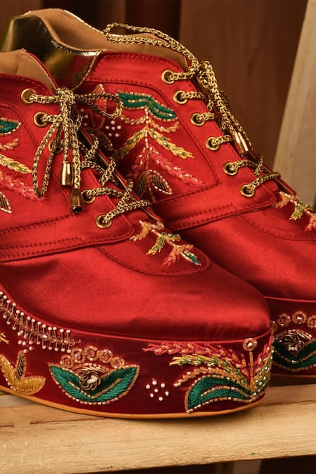 Buy_Tiesta_Red Embroidered Satin Sneaker Wedges _Online_at_Aza_Fashions