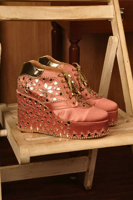 Tiesta Pink Mirrors, Beads And Pearl Embellished Sneaker Wedges Online at Aza Fashions Tiesta_Pink Mirrors, Beads And Pearl Embellished Sneaker Wedges _Online_at_Aza_Fashions