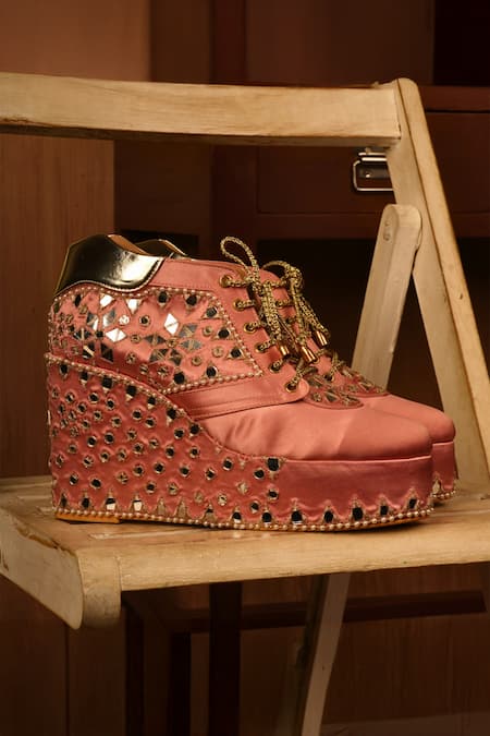 Tiesta Mirror & Pearl Embellished Sneaker Wedges 