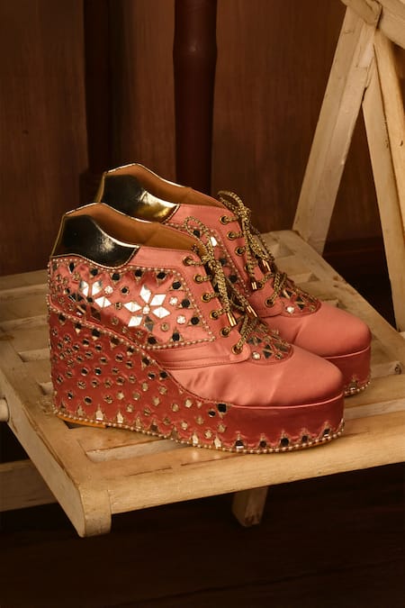 Buy Tiesta Pink Mirrors, Beads And Pearl Embellished Sneaker Wedges Online at Aza Fashions Buy_Tiesta_Pink Mirrors, Beads And Pearl Embellished Sneaker Wedges _Online_at_Aza_Fashions