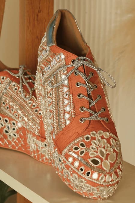 Tiesta Mirror & Sequin Embroidered Sneaker Wedges 