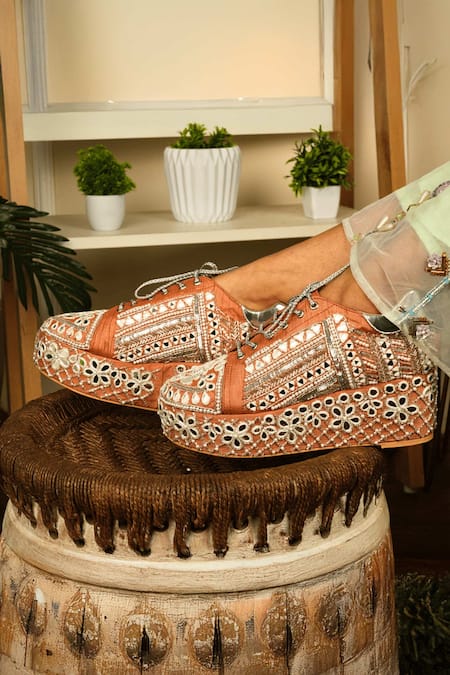 Buy_Tiesta_Orange Mirror And Sequin Embroidered Sneaker Wedges _Online_at_Aza_Fashions