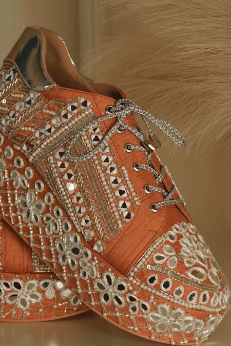 Shop_Tiesta_Orange Mirror And Sequin Embroidered Sneaker Wedges _Online_at_Aza_Fashions