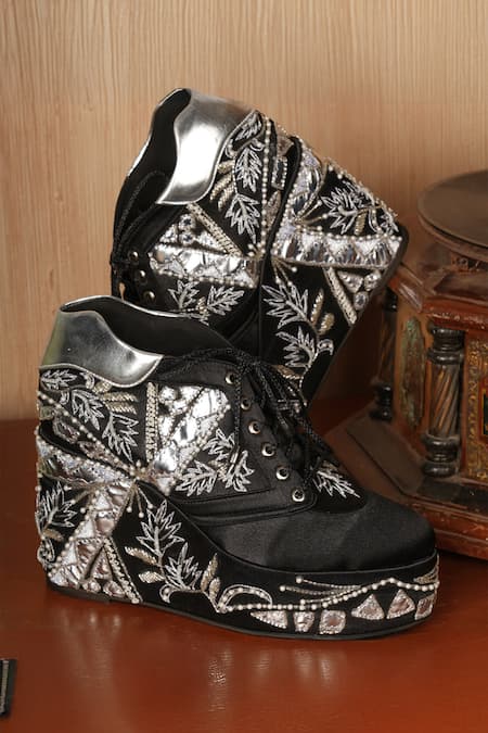 Tiesta Black Embroidered Raw Silk Sneaker Wedges 