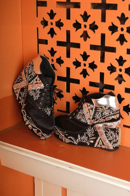 Tiesta Black Embroidered Raw Silk Sneaker Wedges Online at Aza Fashions Tiesta_Black Embroidered Raw Silk Sneaker Wedges _Online_at_Aza_Fashions