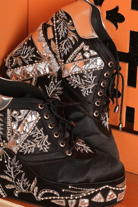 Tiesta Embroidered Raw Silk Sneaker Wedges 