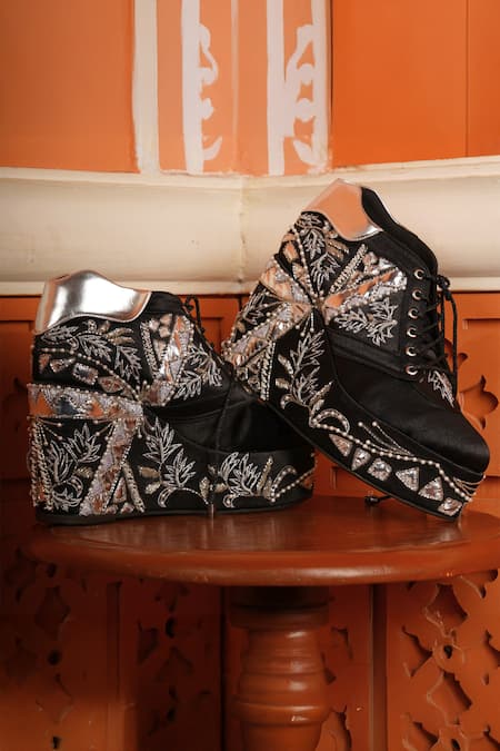 Buy Tiesta Black Embroidered Raw Silk Sneaker Wedges Online at Aza Fashions Buy_Tiesta_Black Embroidered Raw Silk Sneaker Wedges _Online_at_Aza_Fashions