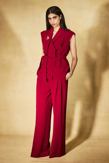 Buy Nirmooha Red Microfiber Shawl Neck Flame Tie Jacket And Pant Set Online at Aza Fashions Buy_Nirmooha_Red Microfiber Shawl Neck Flame Tie Jacket And Pant Set _Online_at_Aza_Fashions