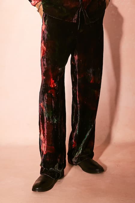 Nirmooha_Black Velvet Flame Pattern Shirt With Pant _Online_at_Aza_Fashions