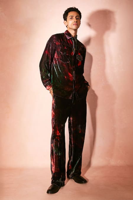 Shop_Nirmooha_Black Velvet Flame Pattern Shirt With Pant _Online_at_Aza_Fashions