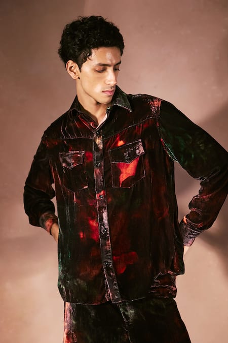 Nirmooha_Black Velvet Flame Pattern Shirt With Pant _at_Aza_Fashions