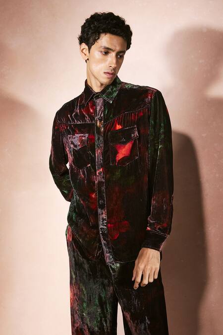 Buy_Nirmooha_Black Velvet Flame Pattern Shirt With Pant 