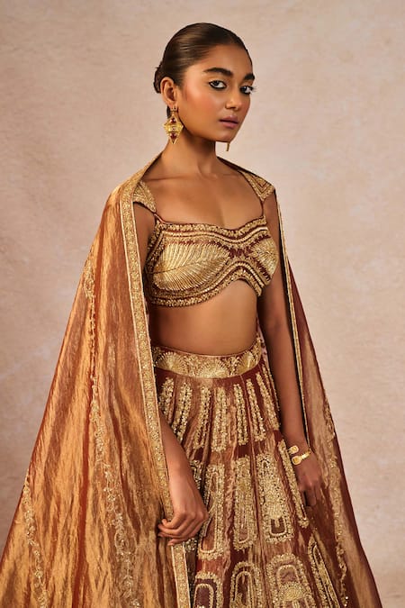 Masaba_Brown Tissue Embroidery, Sequins, Beads, Sitara 12 Kalis Bridal Lehenga Set _Online_at_Aza_Fashions