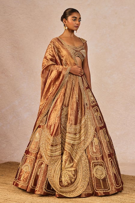 Masaba_Brown Tissue Embroidery, Sequins, Beads, Sitara 12 Kalis Bridal Lehenga Set _at_Aza_Fashions