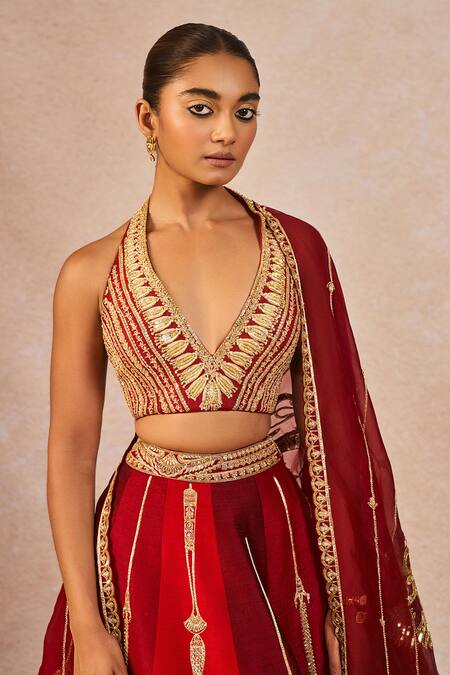 Buy_Masaba_Red Silk, Organza Embroidery, Zari Milan Ki Aas 12 Kalis Bridal Lehenga Set _Online_at_Aza_Fashions