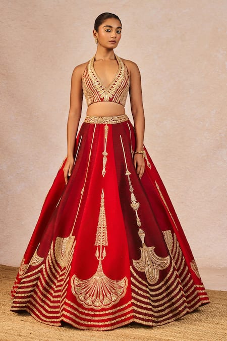 Shop_Masaba_Red Silk, Organza Embroidery, Zari Milan Ki Aas 12 Kalis Bridal Lehenga Set _Online_at_Aza_Fashions