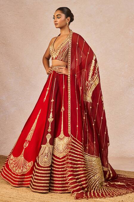 Masaba_Red Silk, Organza Embroidery, Zari Milan Ki Aas 12 Kalis Bridal Lehenga Set _at_Aza_Fashions