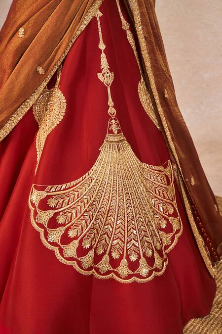 Shop_Masaba_Red Dupion, Tissue Embroidery, Tassels, Zari Baat Ban Gayi 10 Kalis Lehenga Set _Online_at_Aza_Fashions