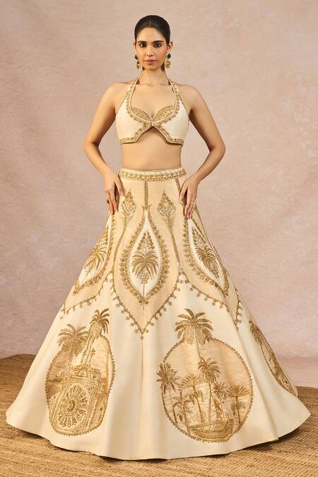 Masaba_Ivory Silk, Tissue, Net, Organza Embroidery, Noor Ban Gaye Lehenga Set _Online_at_Aza_Fashions