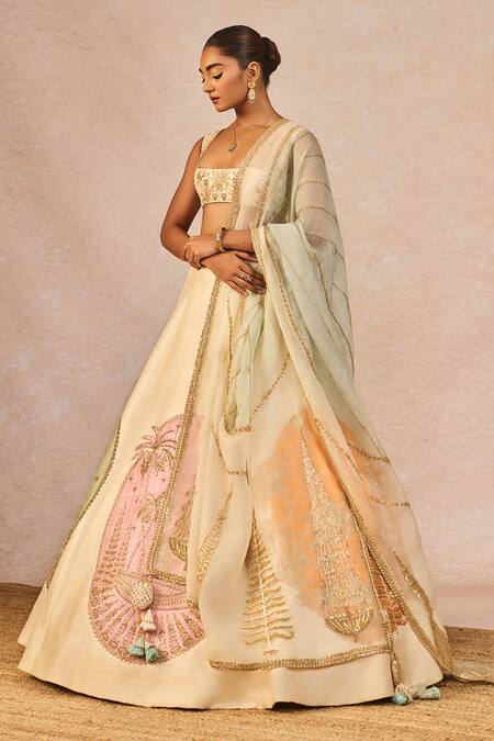 Masaba_Ivory Silk, Organza Patchwork, Embroidery, Mahek Ti Hui Chandni Lehenga Set _Online_at_Aza_Fashions