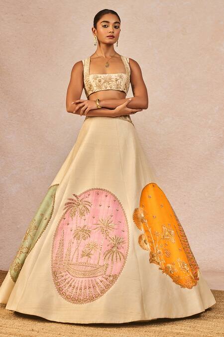 Buy_Masaba_Ivory Silk, Organza Patchwork, Embroidery, Mahek Ti Hui Chandni Lehenga Set _Online_at_Aza_Fashions