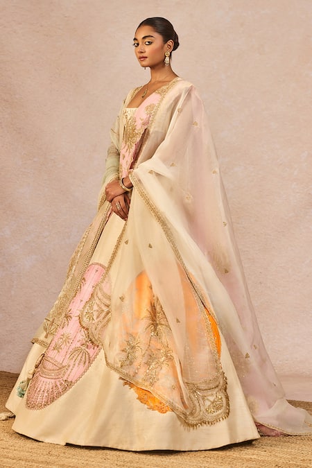 Masaba_Ivory Silk, Organza Embroidery, Patchwork, Mahek Ti Hui Chandni Lehenga Set _Online_at_Aza_Fashions