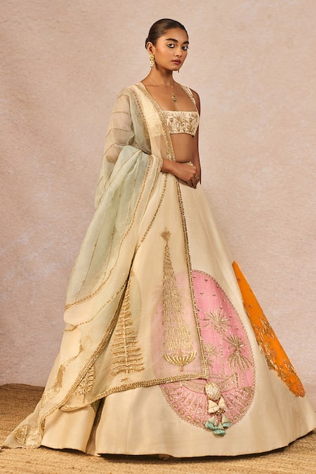 Buy_Masaba_Ivory Silk, Organza Embroidery, Patchwork, Mahek Ti Hui Chandni Lehenga Set _Online_at_Aza_Fashions