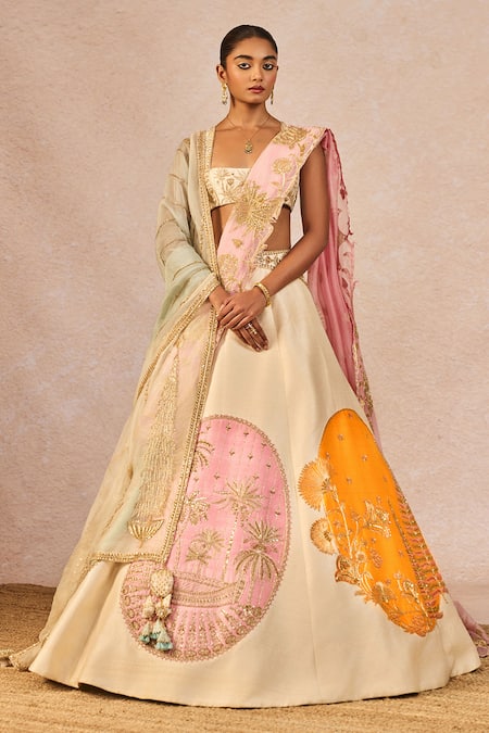 Masaba_Ivory Silk, Organza Patchwork, Embroidery, Mahek Ti Hui Chandni Lehenga Set _Online_at_Aza_Fashions