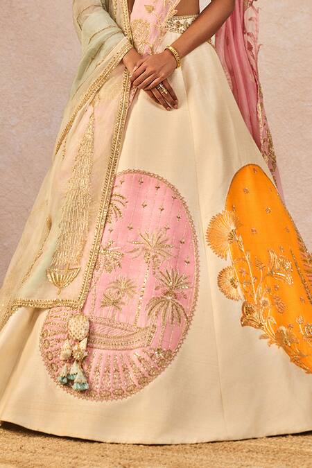Buy_Masaba_Ivory Silk, Organza Patchwork, Embroidery, Mahek Ti Hui Chandni Lehenga Set _Online_at_Aza_Fashions