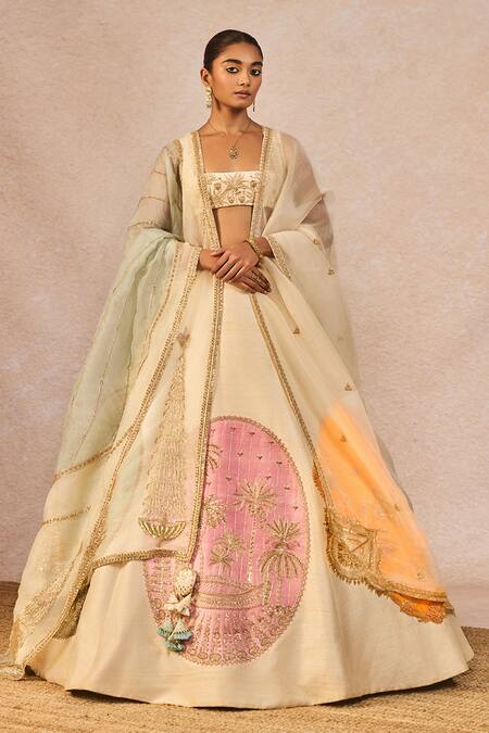 Masaba_Ivory Silk, Organza Patchwork, Embroidery, Mahek Ti Hui Chandni Lehenga Set _at_Aza_Fashions